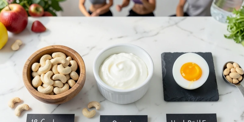 Schüssel mit 30 g Cashewkernen (ca. 18–20 Stück) neben einem Löffel Quark und einem halben Ei – drei Quellen mit unterschiedlichem Proteingehalt, direkt verglichen