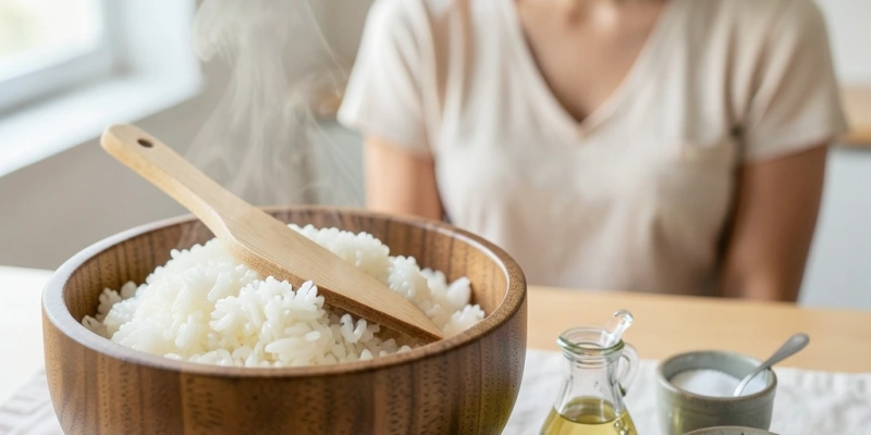 Schüssel mit frisch gewürztem Sushi-Reis, der mit einem Holzspatel gewendet wird – daneben die drei Zutaten: Reisessig, Zucker, Salz