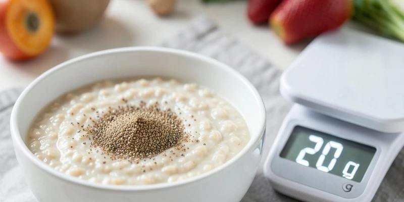 Schüssel mit Haferbrei, darauf 2 EL gemahlene Leinsamen, daneben eine kleine Waage mit der Anzeige „20 g" – als Veranschaulichung der Portionsgröße