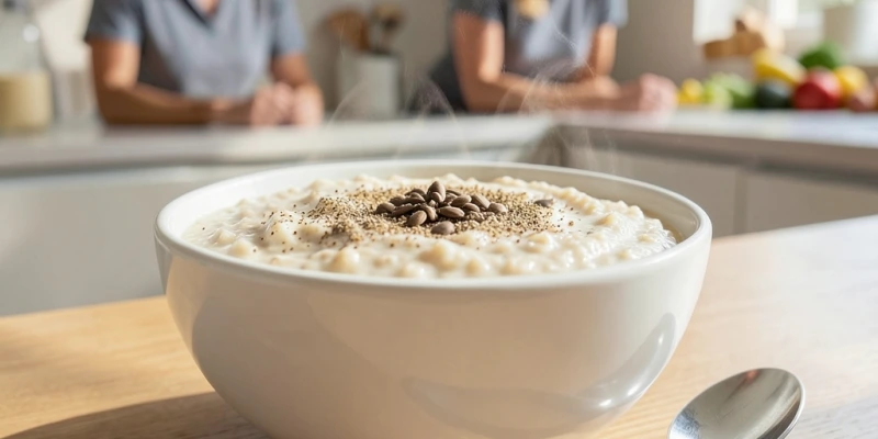 Schüssel Porridge mit sichtbaren gemahlenen Leinsamen und einem Messlöffel daneben – alltagsnahe Darstellung einer Standardportion