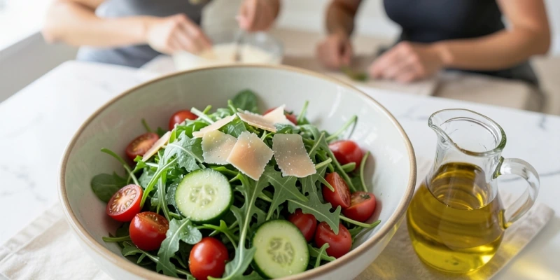 Schüssel Salat mit Olivenöl-Dressing daneben – Beschriftung: „Ein EL Olivenöl zum Salat verlangsamt die Magenentleerung und hält länger satt als fettfreies Dressing"