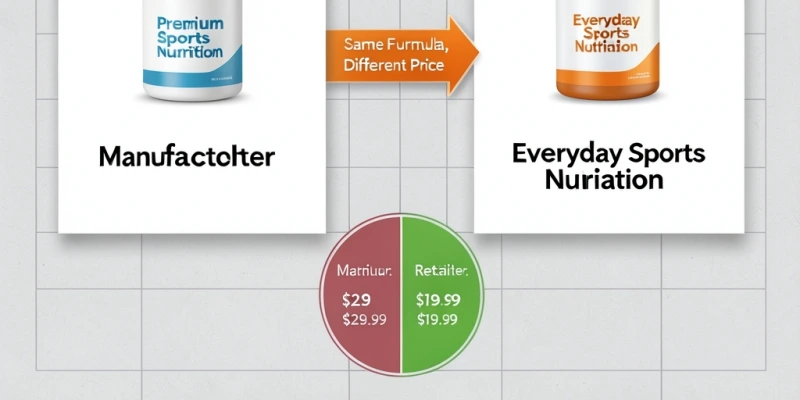 Screenshot-ähnliche Infografik: Links „Hersteller" (z. B. MyProtein), rechts „Händler" (Vitafy) – Pfeil mit „gleiche Rezeptur, anderer Preis", daneben ein Preisvergleich-Symbol