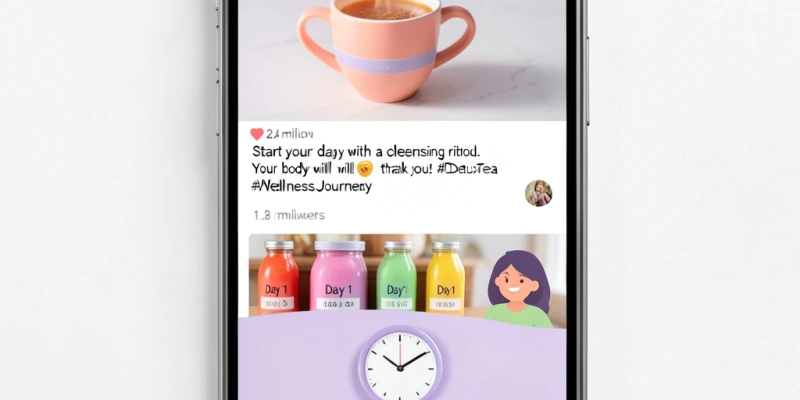 Screenshot-Collage (illlustrativ, keine echten Personen): Drei Social-Media-Posts mit typischen Promi-Diät-Behauptungen – Detox-Tee, Saftdiät, Intervallfasten-Challenge – mit sichtbaren Follower-Zahlen im siebenstelligen Bereich
