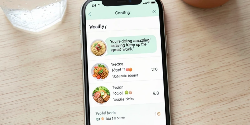 Screenshot-Mockup einer Coaching-App mit Essensprotokoll, kurzer Nachricht vom Coach und einem Wochenziel – visualisiert, wie digitale Betreuung im Alltag aussieht