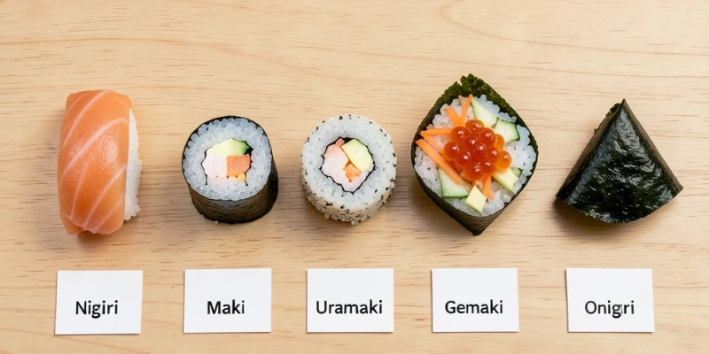 Sechs verschiedene Sushi-Formen nebeneinander: Nigiri, Maki, Uramaki, Temaki, Gunkan und Onigiri – jeweils mit kurzem Label beschriftet