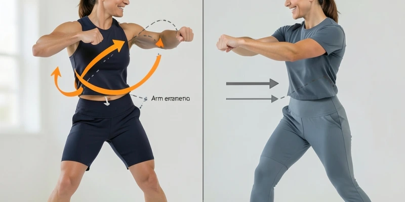 Seitenansicht einer Person bei einem Tae-Bo-Schlag – mit Pfeil, der die Hüftrotation als Kraftquelle zeigt, und Gegenüberstellung einer Variante ohne Rumpfbeteiligung