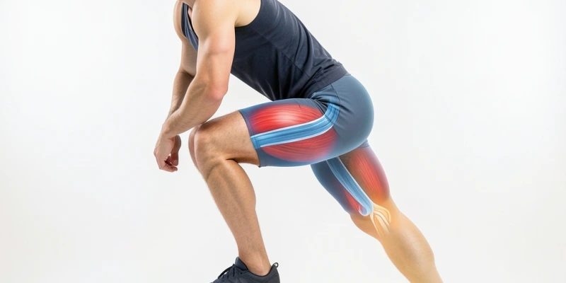 Seitenansicht eines Step-Ups: Fuß vollständig auf der Box, Knie über dem Fuß, Hüfte gestreckt oben – mit eingezeichneten Muskelgruppen Gluteus maximus, Quadrizeps und Gluteus medius