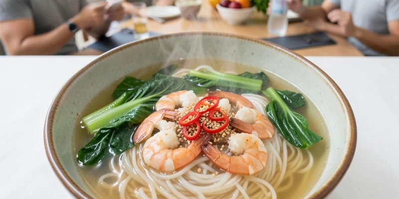 Shirataki-Nudeln mit Garnelen, Pak Choi und Chili in einer hellen Brühe – angerichtet in einer Schüssel, erkennbar als vollständige Mahlzeit mit sichtbaren Proteinquellen und Gemüse