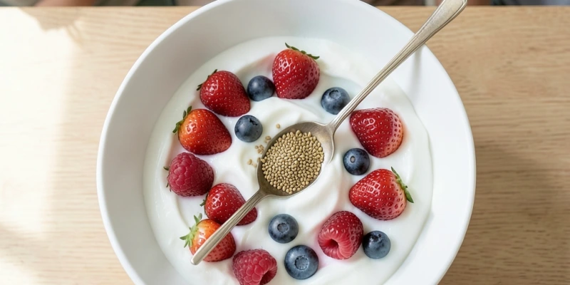 Skyr-Bowl von oben: Weiße Creme in einer Schüssel, belegt mit roten und blauen Beeren, einem Löffel Leinsamen – mit einer Beschriftung „ca. 220 kcal, 22 g Eiweiß"