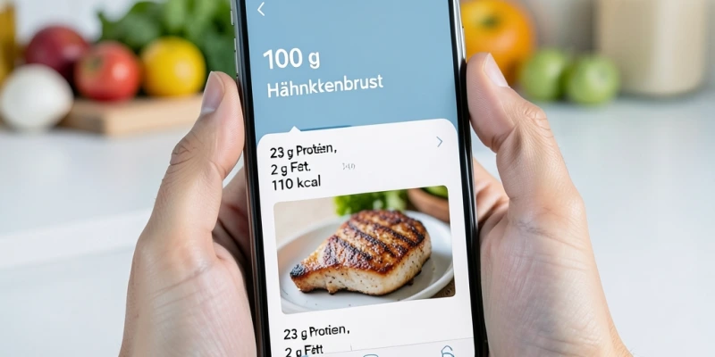 Smartphone-Bildschirm mit Ernährungs-App: 100 g Hähnchenbrust eingetragen, darunter Nährwerte – 23 g Protein, 2 g Fett, 110 kcal – als Beispiel für einfache Erfassung