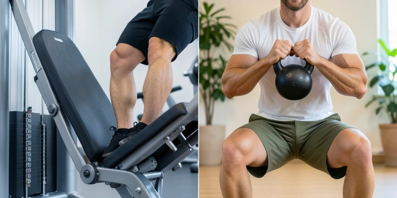 Split-Screen: Links eine Beinpresse-Maschine mit isoliertem Oberschenkeltraining. Rechts eine Goblet Squat mit Kettlebell – sichtbar aktive Rumpfspannung, Schultern, Hüfte.