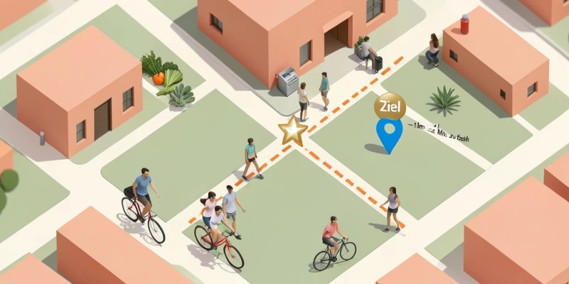 Stadtplan-Ausschnitt mit markierter Parkposition (ca. 1 km vom Ziel entfernt) und eingezeichnetem Fußweg – als Illustration des „bewussten Parkens"
