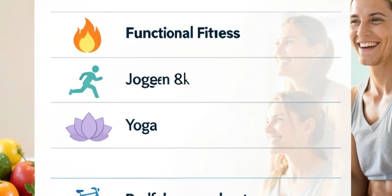 Tabelle: Energieverbrauch verschiedener 45-Minuten-Aktivitäten für ca. 75 kg Körpergewicht – Functional Fitness, Joggen (8 km/h), Yoga, Radfahren (moderat) – mit Hinweis „Schätzwerte, individuell variabel".