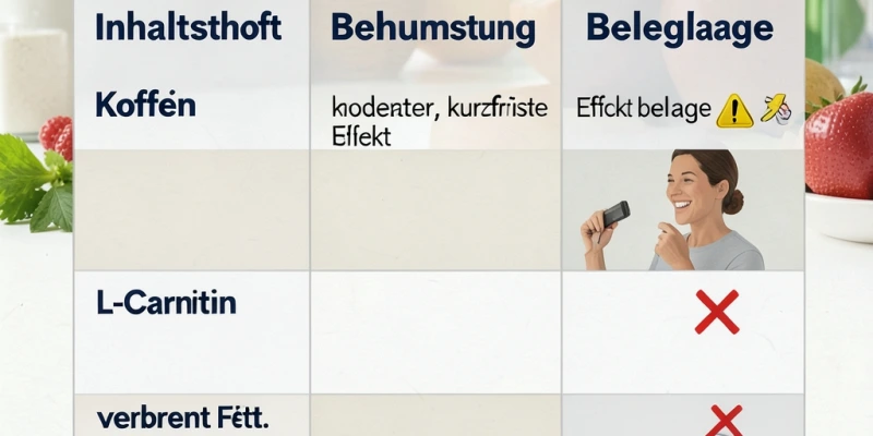 Tabelle: Inhaltsstoff – Behauptung – Beleglage (z. B. Koffein: „kurbelt Stoffwechsel an" – „moderater, kurzfristiger Effekt belegt"; L-Carnitin: „verbrennt Fett" – „kein Effekt bei ausreichend versorgten Erwachsenen, laut Übersichtsarbeiten")
