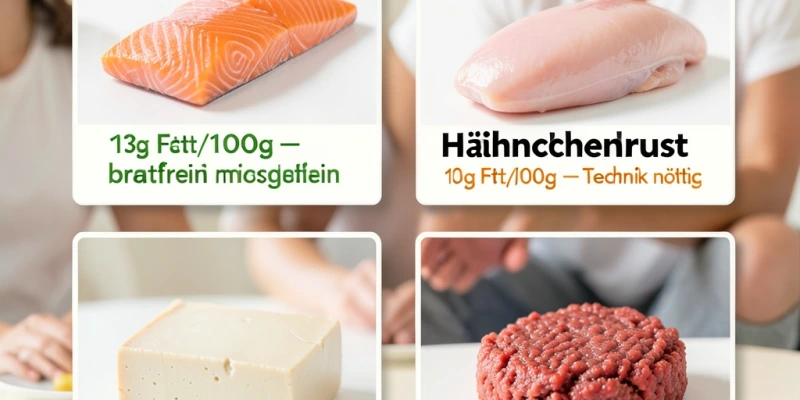 Tabelle mit 4 Beispielen – Lachs (fettreich, bratfrei möglich), Hähnchenbrust (mager, Technik nötig), Tofu (mager, Antihaft empfohlen), Rinderhack (fettreich, bratfrei möglich) – mit Eigenfettgehalt in g/100g