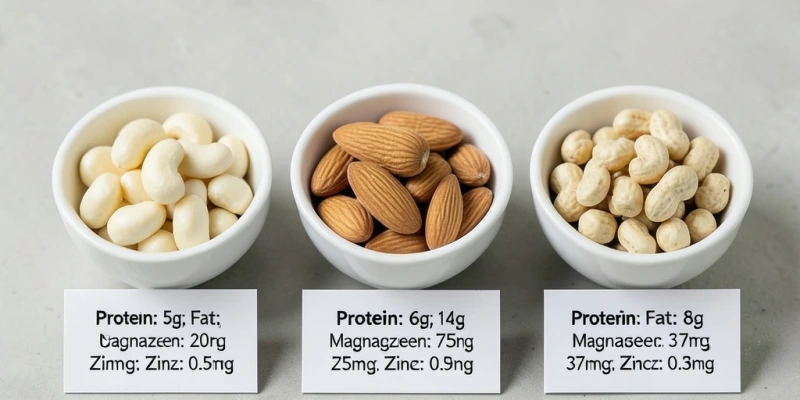 Tabelle mit Nährwerten von 30 g Cashewkernen, 30 g Mandeln und 30 g Erdnüssen nebeneinander – Protein, Fett, Magnesium und Zink im Direktvergleich