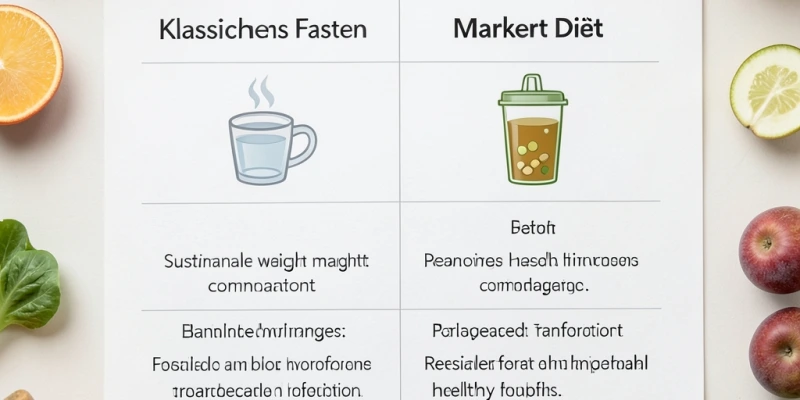 Tabelle mit zwei Spalten: Links „klassisches Fasten" mit Symbolen für Wasser und Tee, rechts „Markert Diät" mit Symbolen für Gemüsebrühe, Eiweißshake und Nahrungsergänzungsmittel – um den Unterschied im Nährstoffprofil zu zeigen