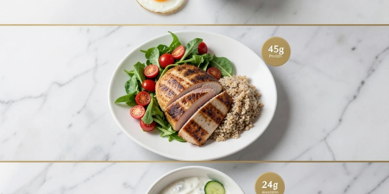 Tagebeispiel: Frühstück 3 Eier + Gemüse, Mittagessen 150g Hähnchenbrust + Salat + 100g Vollkornreis, Abendessen 200g Hüttenkäse + Gurke – mit Proteinmenge pro Mahlzeit beschriftet