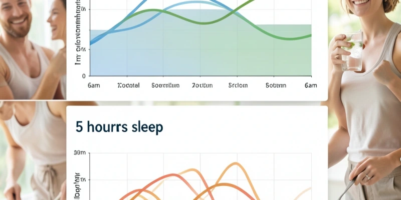 Tagesablauf-Infografik: Cortisolkurve und Insulinkurve im Vergleich – einmal bei 7–8h Schlaf, einmal bei 5h Schlaf und hohem Stresslevel
