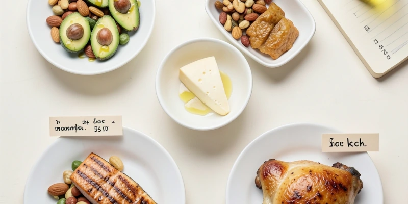 Tagesgericht-Übersicht eines Low-Carb-Tages mit Gramm- und ungefähren Kalorienangaben – sichtbar: hohe Fettmenge und wie schnell Kalorien sich summieren