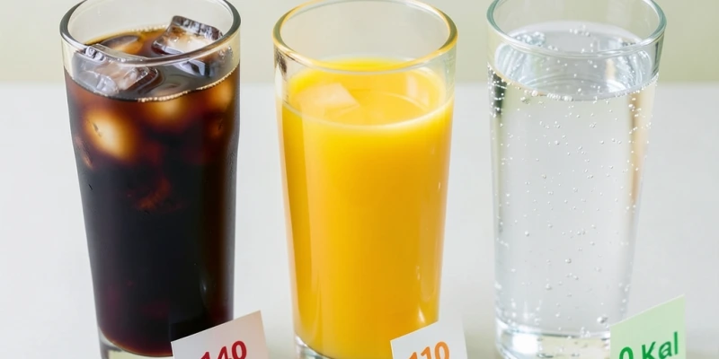 Tagesgetränke im Vergleich: Glas Cola (140 kcal), Glas Orangensaft (110 kcal), Glas Sprudelwasser ohne Zusätze (0 kcal) – mit deutlich sichtbaren Kalorienangaben