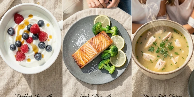 Tagesmahlzeit-Übersicht mit Fokus auf bindegewebsunterstützende Lebensmittel – Frühstück mit Skyr und Beeren, Mittagessen mit Lachs und Brokkoli, Abendessen mit Hühnersuppe und frischen Kräutern