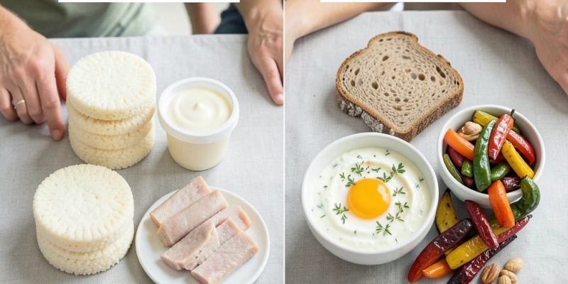 Tagesmahlzeiten im Vergleich: „fettarmer Tag" mit Reiswaffeln, Light-Joghurt, Geflügelwurst vs. „ausgewogener Tag" mit Vollkornbrot, Quark, Ei, Gemüse und Nüssen – ähnliche Kalorienzahl, stark unterschiedliche Sättigungsdauer und Nährstoffgehalt