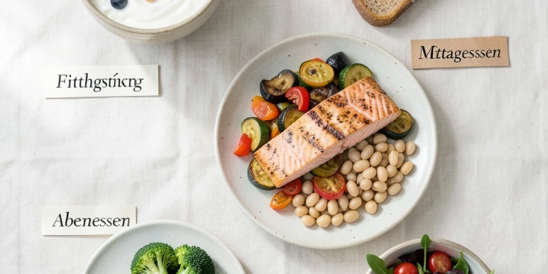 Tagesmenü-Übersicht mit konkreten Portionsangaben: Frühstück, Mittagessen, Abendessen nach Mittelmeer-Prinzip – mit Gramm-Angaben zu Gemüse, Hülsenfrüchten, Fisch, Olivenöl