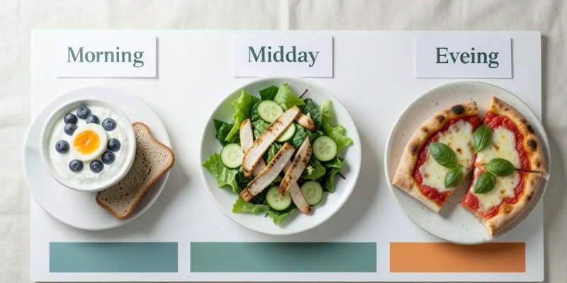 Tagesplan als einfache Zeitleiste – Frühstück mit Protein und Ballaststoffen, leichtes Mittagessen, Pizza am Abend in moderater Menge – visualisiert als Energiebalken pro Mahlzeit, um das Prinzip der täglichen Energieverteilung zu zeigen