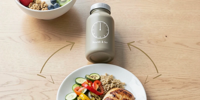 Tagesplan-Beispiel: Wann ein Mahlzeitenersatz-Shake eingebaut wird (Mittagsmahlzeit ersetzt) – mit Frühstück und Abendessen als vollwertige Mahlzeiten dargestellt