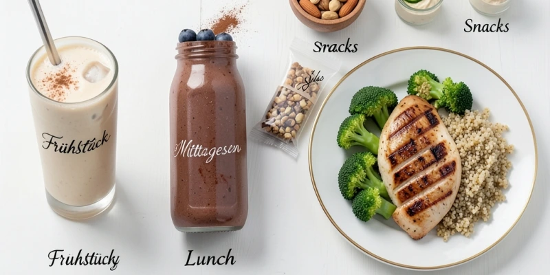 Tagesplan der Slim Fast Diät – schematische Darstellung: Shake zum Frühstück, Shake zum Mittagessen, normale Mahlzeit abends, drei kleine Snacks verteilt über den Tag