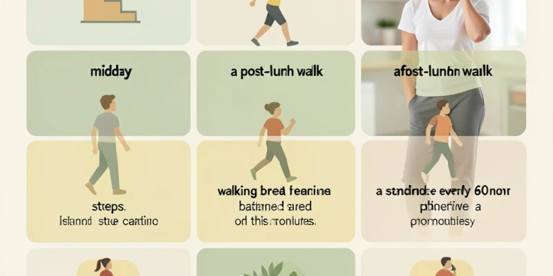 Tagesplan einer Person mit NEAT-Momenten eingezeichnet: Morgen (Treppe statt Aufzug), Mittag (Spaziergang nach Essen), Nachmittag (Stehpause alle 60 Min.), Abend (Gehen beim Telefonieren) – mit geschätzten Schritten pro Einheit