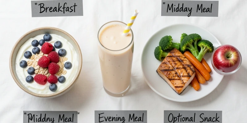 Tagesplan-Grafik: Mahlzeit 1 (normales Frühstück, z. B. Joghurt mit Beeren und Haferflocken) – Mahlzeit 2 (Shake als Mittagsersatz) – Mahlzeit 3 (gekochtes Abendessen mit Protein und Gemüse) – Zwischenmahlzeit optional