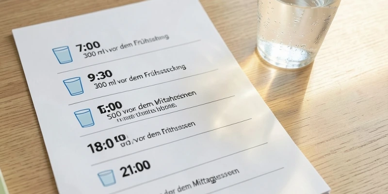 Tagesplan mit Wasserverteilung – 6 Zeitpunkte von morgens bis abends mit je einem Glassymbol und kurzer Beschriftung, z. B. „7:00 – 300 ml vor dem Frühstück", „12:00 – 500 ml vor dem Mittagessen"