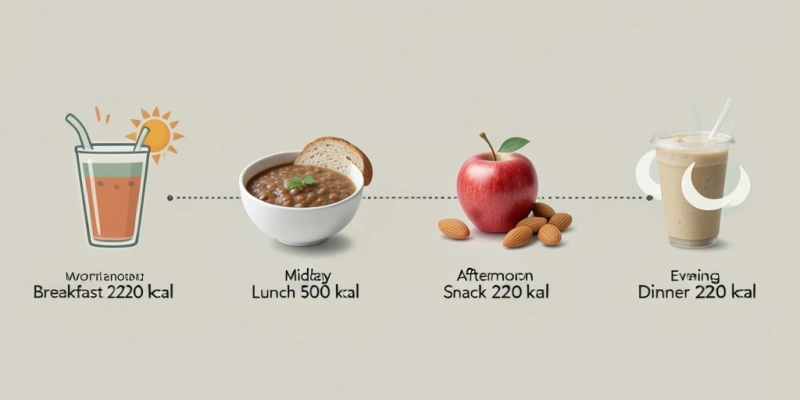 Tagesplan-Übersicht: Frühstück Shake (ca. 220 kcal), Mittagessen normale Mahlzeit (ca. 500 kcal, z. B. Linsensuppe mit Vollkornbrot), Abendessen Shake (ca. 220 kcal), plus 2 Snacks wie 1 Apfel + 30 g Mandeln – visuell als Zeitleiste