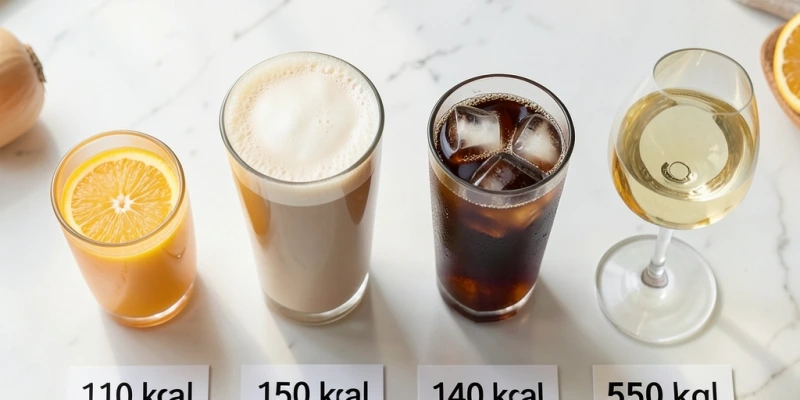 Tagesübersicht mit Gläsern nebeneinander: Orangensaft 200 ml, Latte 350 ml, Softdrink 330 ml, Wein 200 ml – darunter die jeweilige kcal-Zahl und eine Gesamtsumme von ca. 500–600 kcal, dazu der Hinweis: „Kein davon hat das Hungergefühl gesenkt"