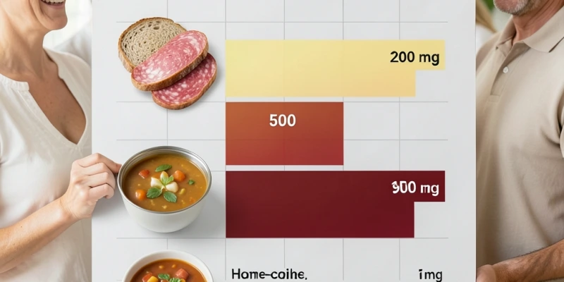 Tagesübersicht Natriumquellen: Brotscheibe ~200 mg, Scheibe Salami ~500 mg, Fertigsuppe ~900 mg, eigens gekochtes Gericht ~150 mg – Balkendiagramm zum Vergleich