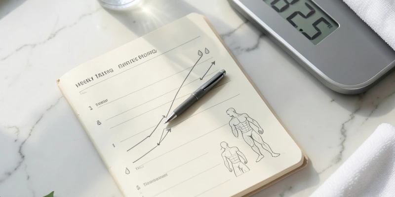 Tagesverlauf der Körperzusammensetzung nach starkem Training – Pfeile zeigen Gewichtszunahme durch Wassereinlagerung in Muskelgewebe am Tag 1–3, dann Abfall ab Tag 4–5