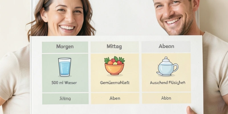 Tagesverlauf-Grafik: Wann 500 ml Wasser (morgens), Gemüsemahlzeit (mittags), ausreichend Flüssigkeit (abends) eingebaut werden können – als einfacher Wochenplan ohne Saftkur