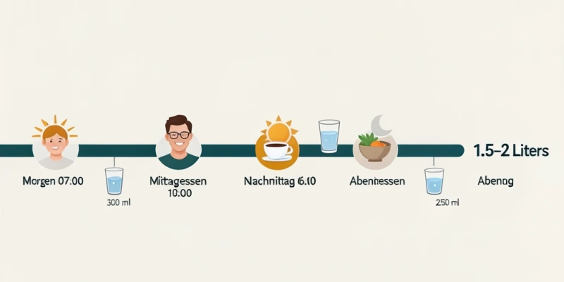 Tagesverlauf Trinkmengen: Visualisierung von 1,5 bis 2 Litern auf 6 Zeitpunkte verteilt – Morgen, Vormittag, Mittagessen, Nachmittag, Abendessen, Abend – als einfacher Zeitstrahl