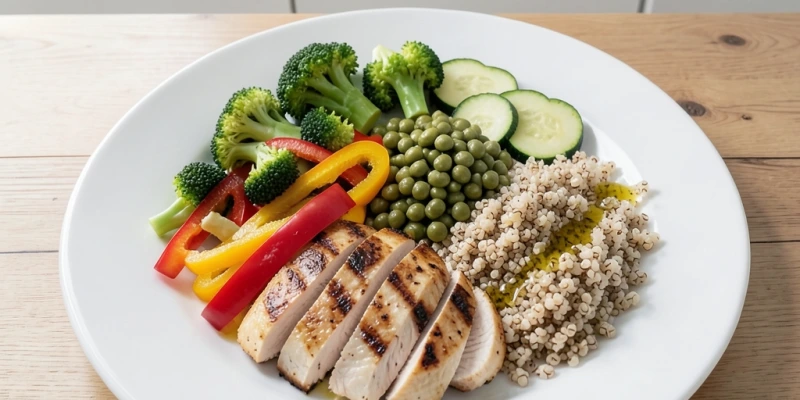 Teller-Grafik: 50% Gemüse (z. B. Brokkoli, Paprika, Zucchini), 30% Protein (z. B. Hähnchenbrust oder Linsen), 20% Fettquelle und komplexe Kohlenhydrate (z. B. Quinoa mit etwas Olivenöl)