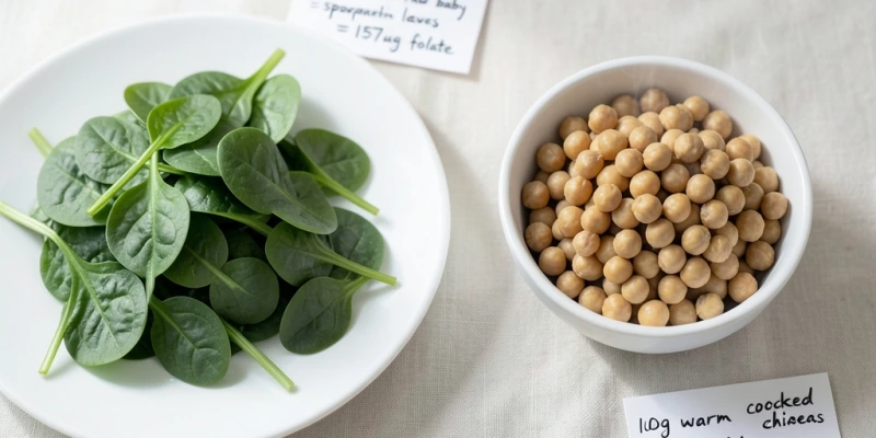 Teller mit 100g rohem Spinat neben einem kleinen Schälchen mit 100g gegarten Kichererbsen – beschriftet mit jeweiligem Folatgehalt in µg, visuell klar und ohne Diät-Ästhetik