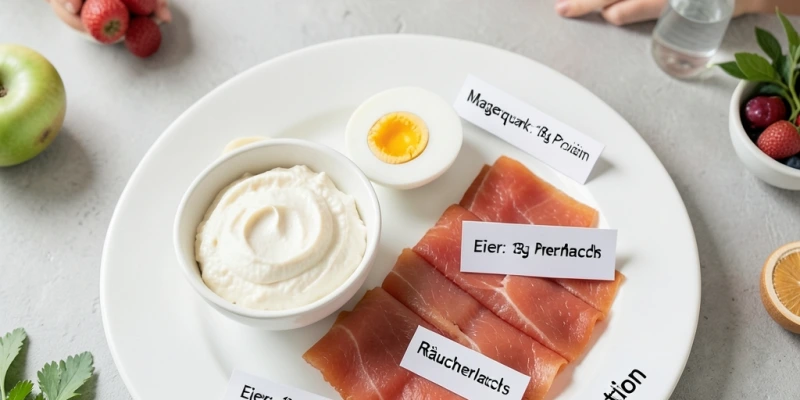 Teller mit 150 g Magerquark, 2 Eiern und 80 g Räucherlachs – beschriftet mit Proteingehalt je Lebensmittel und Gesamtsumme ca. 45–50 g Protein