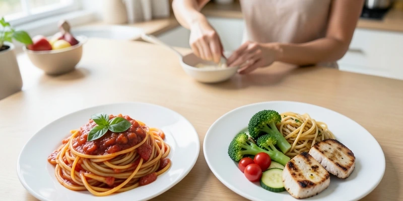 Teller mit 250 g gekochter Pasta mit Tomatensoße neben einem Teller mit 120 g Pasta, viel Gemüse und 100 g Hähnchenbrust – ähnliches Volumen, unterschiedliche Nährstoffverteilung und Sättigungswirkung