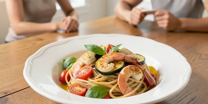 Teller mit ausgewogener Pasta-Mahlzeit: Vollkornnudeln, gebratene Zucchini und Kirschtomaten, Garnelen, wenig Olivenöl – als Orientierung für Proportionen