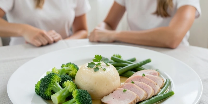 Teller mit einem Kloß, ca. 130 g gedünstetem Brokkoli und grünen Bohnen sowie 120 g Hähnchenbrust in heller Brühe – als Orientierung für eine ausgewogene Kombination
