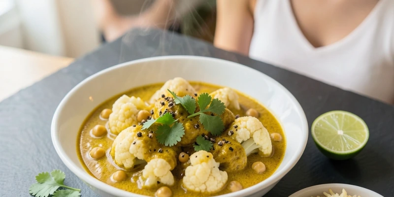 Teller mit einem Kurkuma-Gemüsegericht – z. B. Blumenkohlcurry mit schwarzem Pfeffer, Kichererbsen und frischen Kräutern – als Alltagsbeispiel für Kurkuma in einer vollwertigen Mahlzeit