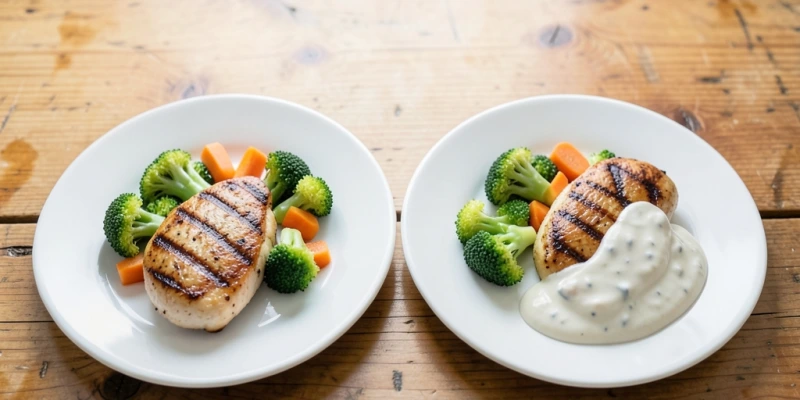 Teller mit gegrilltem Hähnchen + gedämpftem Gemüse vs. gleiche Portion mit fettem Dip – Kalorien aus der Beilage übersteigen Methoden-Unterschied deutlich.