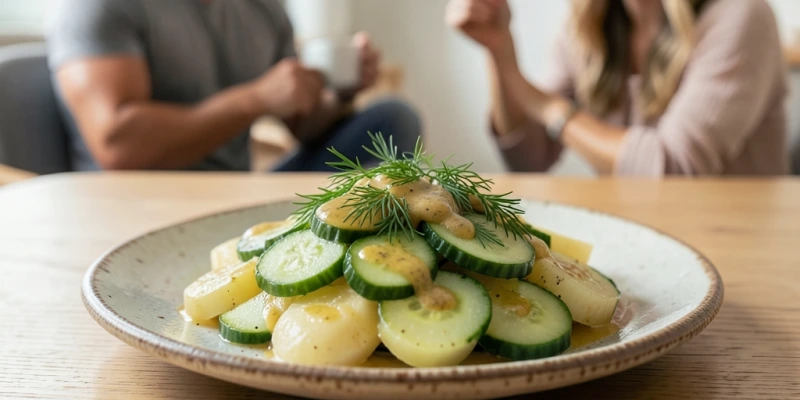 Teller mit Kartoffelsalat aus gekühlten Kartoffeln, Gurke, Senf-Dressing – Beschriftung: „Resistente Stärke durch Abkühlen: GI sinkt gegenüber frisch gekocht"