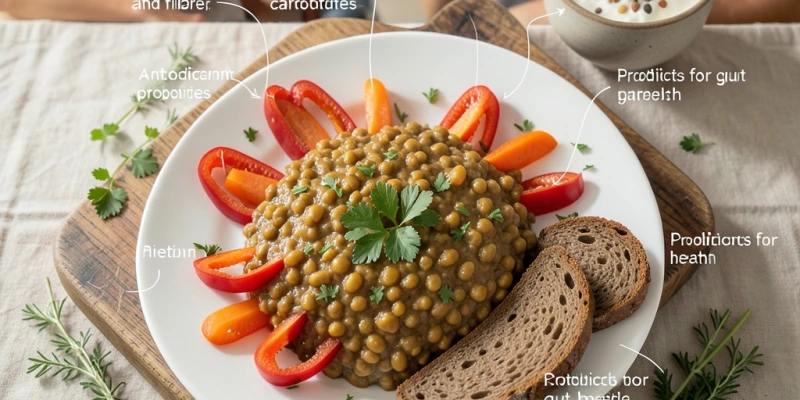 Teller mit konkretem Beispiel einer proteinreichen, immununterstützenden Mahlzeit – z. B. Linsen mit Gemüse und Vollkornbrot, sichtbare Zutaten klar beschriftet